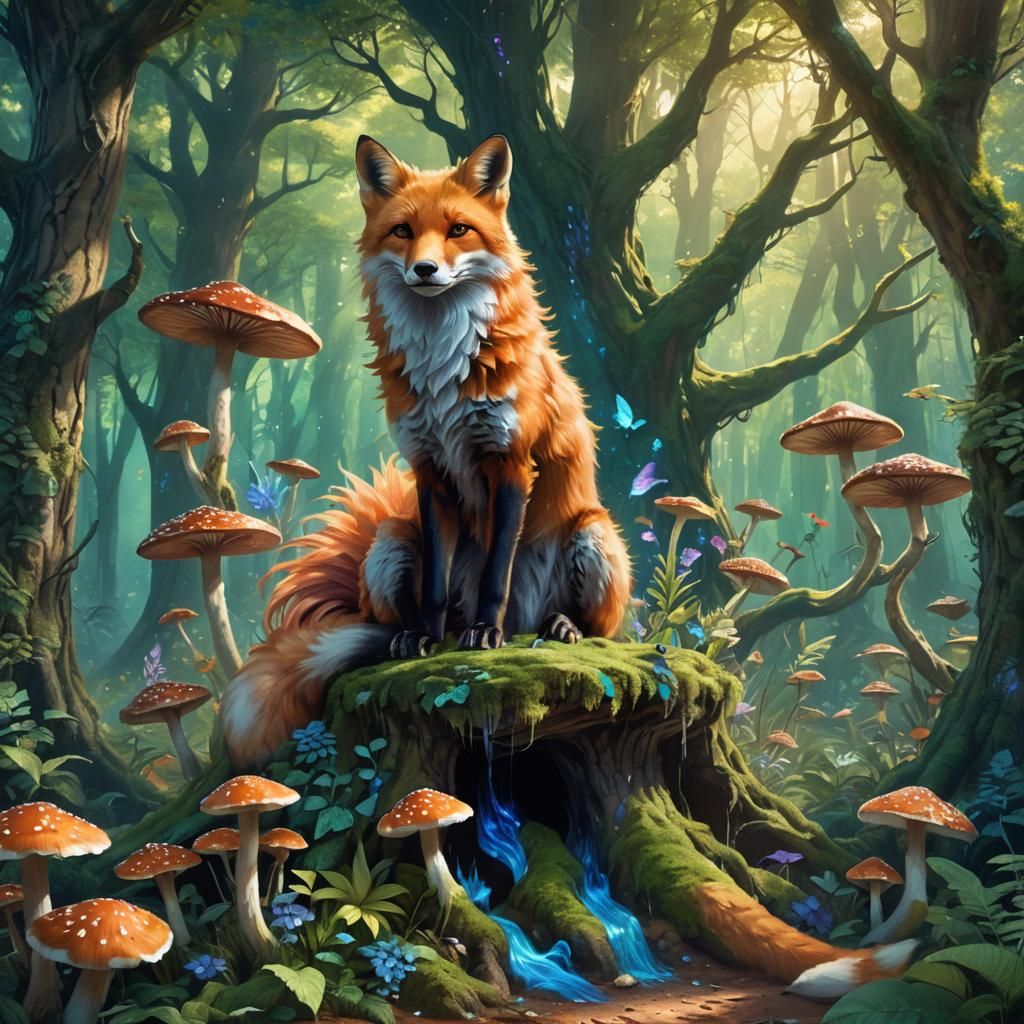 Majestic Nine-Tailed Fox on Mushroom Throne