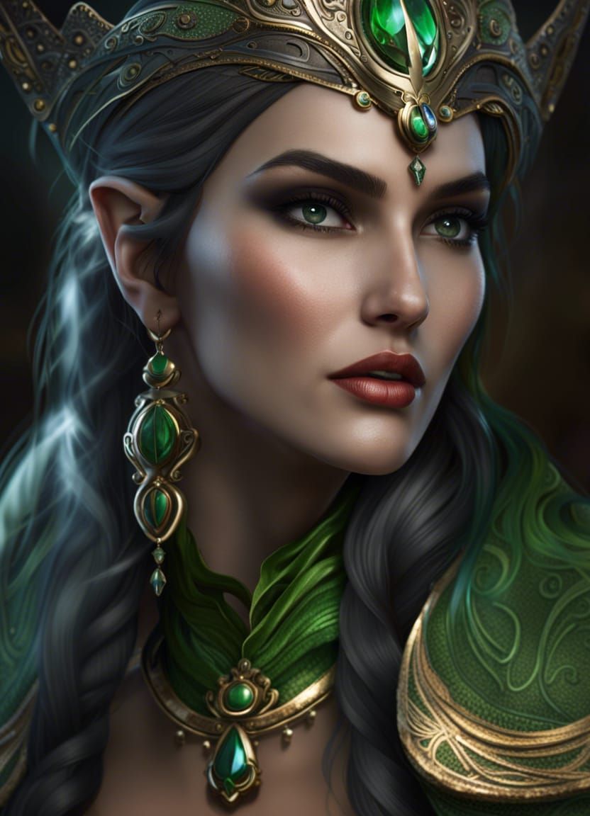 Green-Haired Elf Goddess in Hyper-Realistic Digital Art
