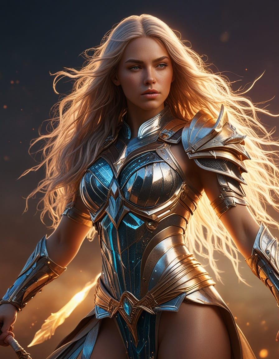 Muscular Warrior with Crystalline Armor and Glowing Spear