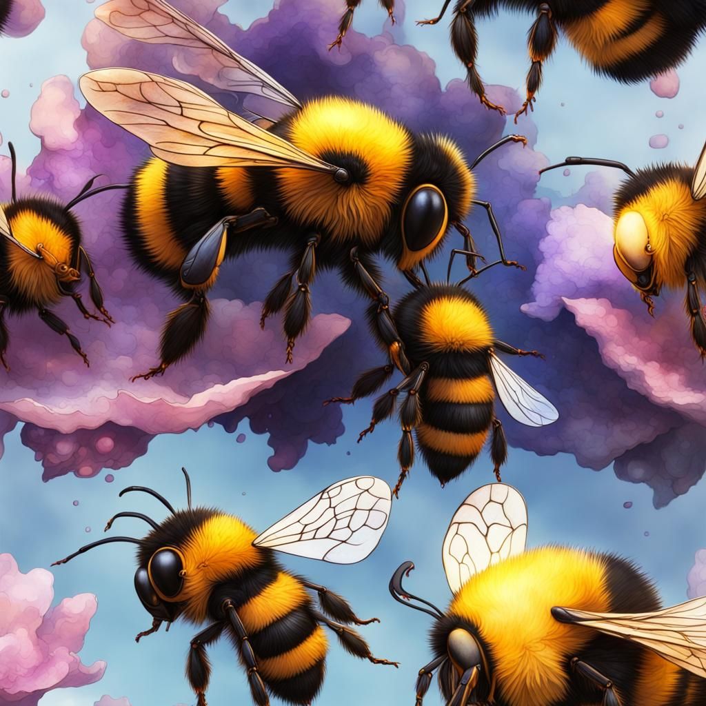 Watercolor Bees in Detailed Fantasy Art
