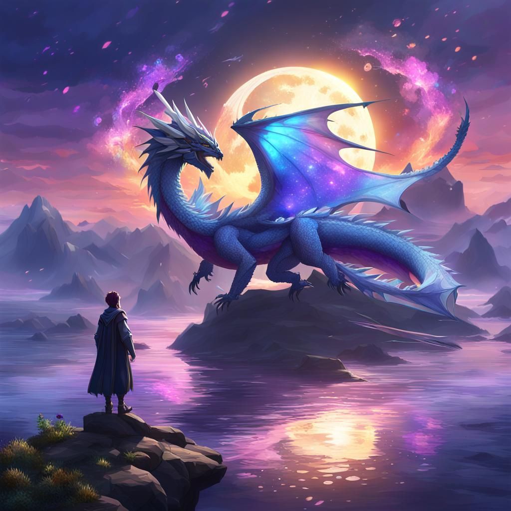 Rainbow Dragon Watches Solar Eclipse in Anime Style