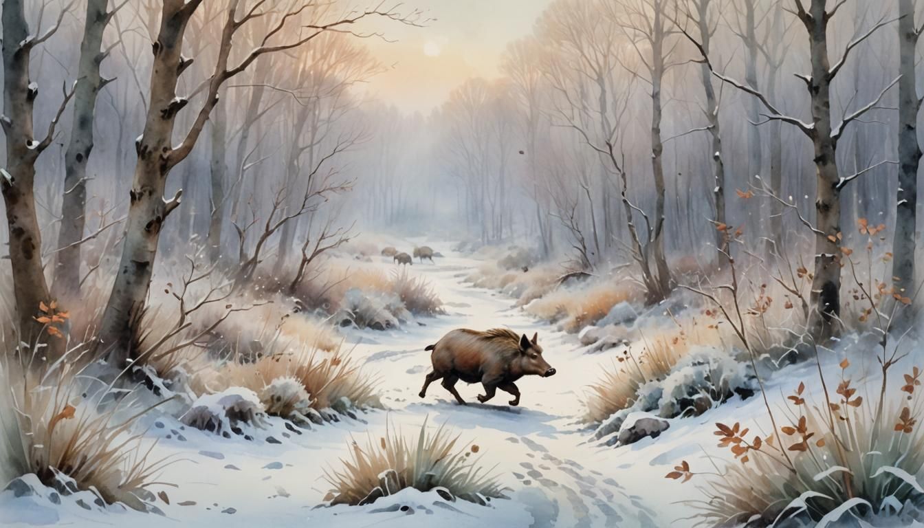 Whimsical Watercolor of Wild Boar in Misty Forest
