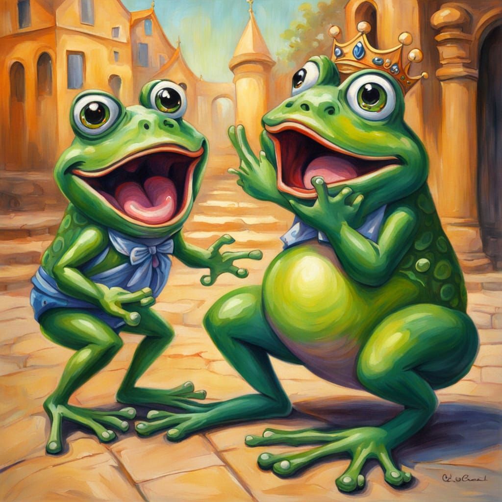 Surprised Cartoon Frog and Kissing Princess