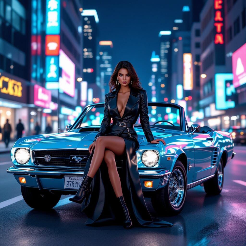 Woman on Blue Convertible in Retro-Futuristic Cityscape