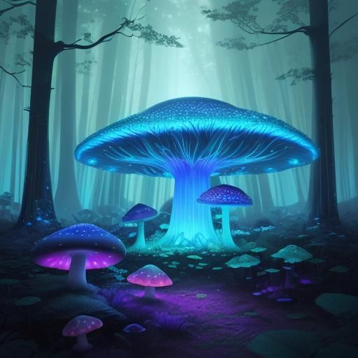 Glowing Mushroom House in Bioluminescent Forest