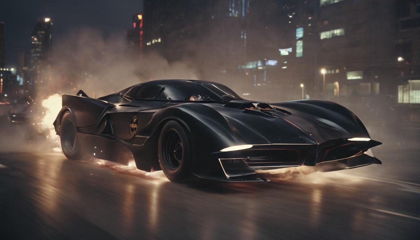 Batman Drives Futuristic Batmobile Through Neon Cityscape