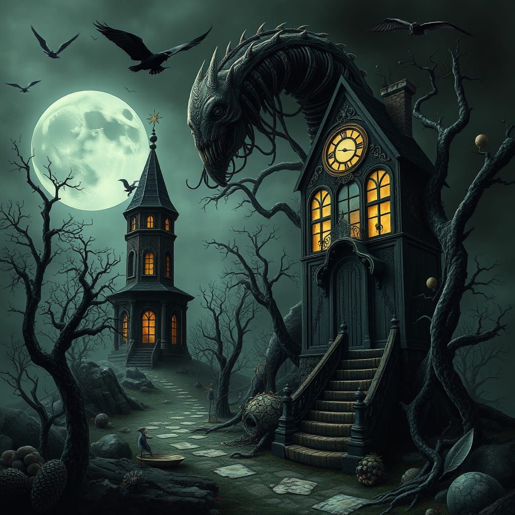 Surreal, Gothic Dreamscape in Whimsical Style