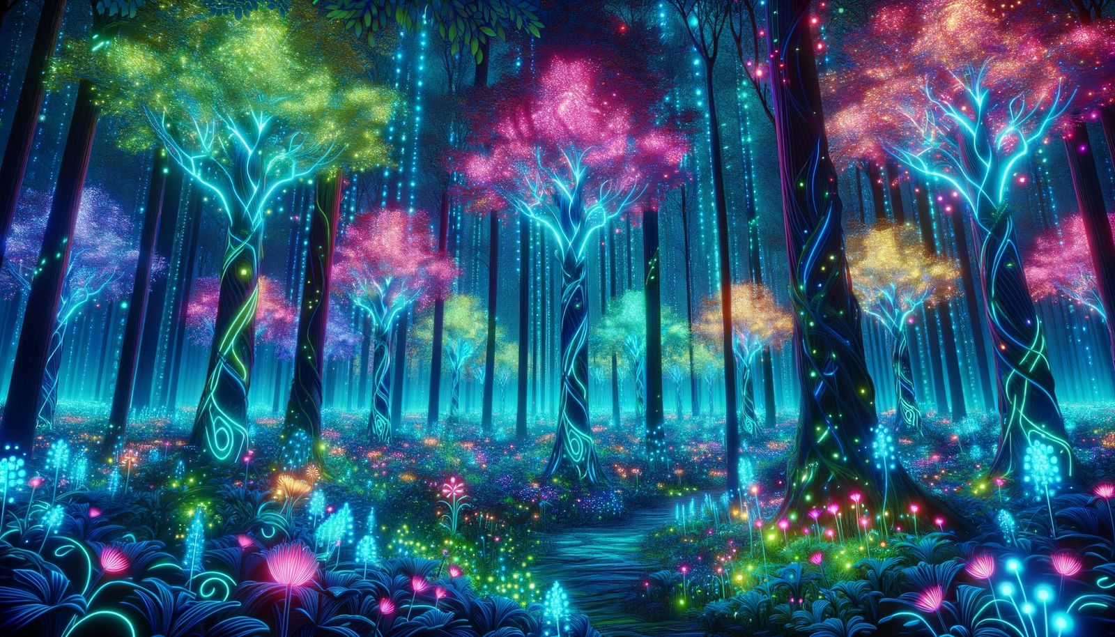 Cyberpunk Bioluminescent Forest with Neon Outlines