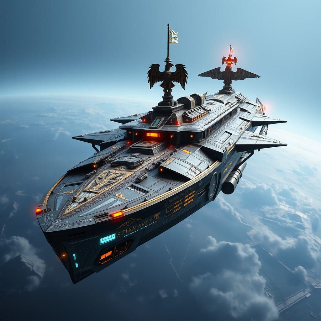 Ancient Futuristic Cyberpunk Spaceship with Celtic and Norse...