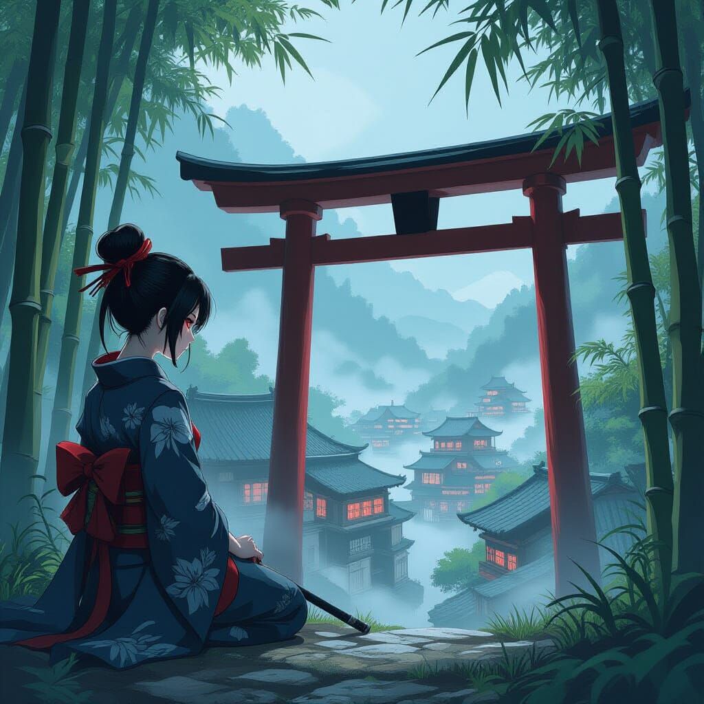 Lone Kunoichi Overlooking Misty Village, Anime Style