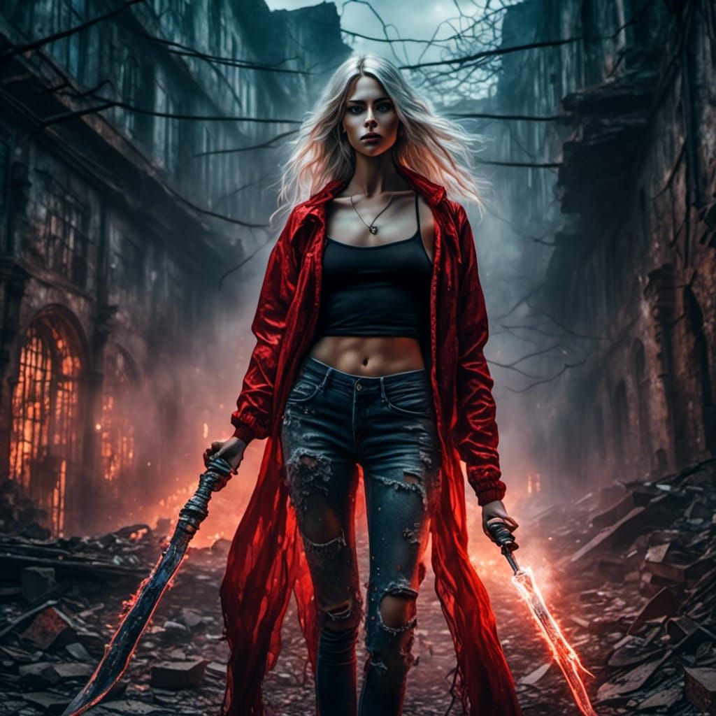 Blonde Woman Ready to Strike Evil Spirits