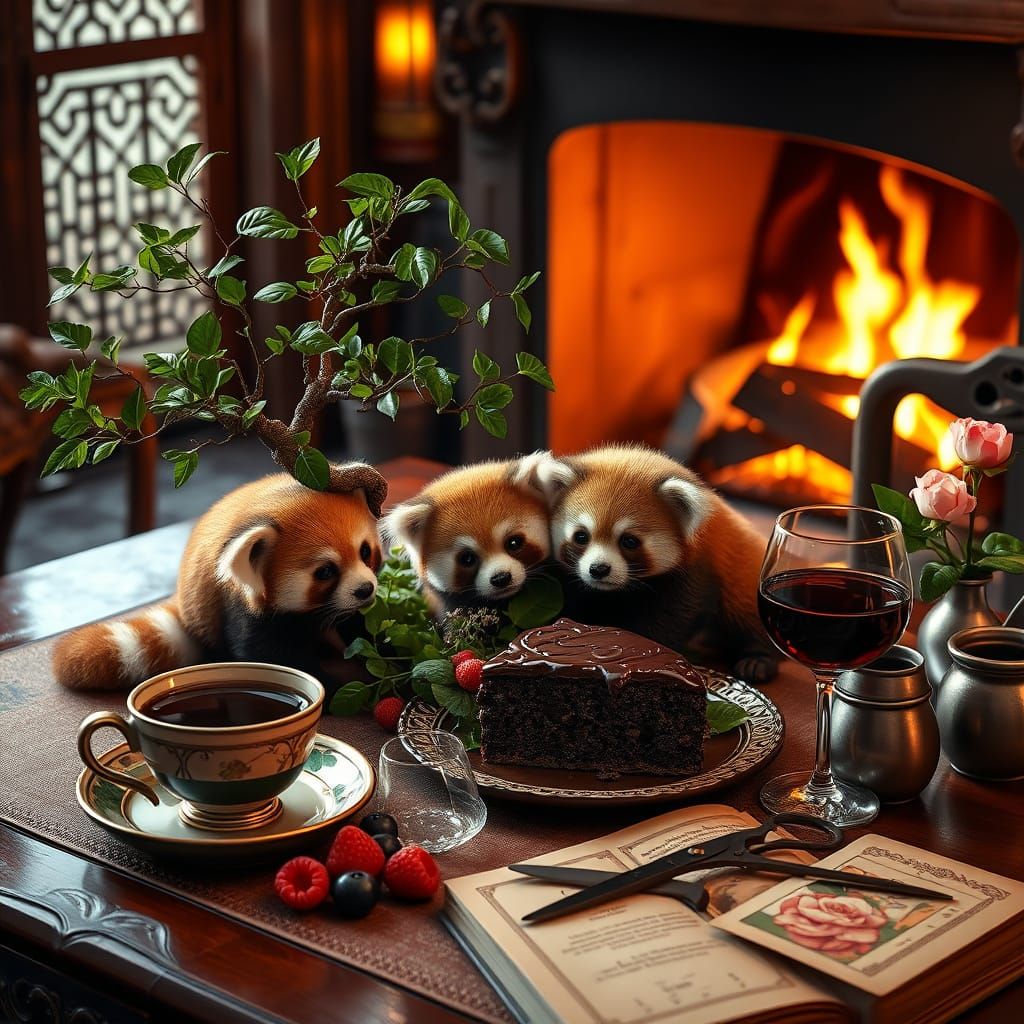 Cozy Study Scene with Tea, Puppies, and Delicacies