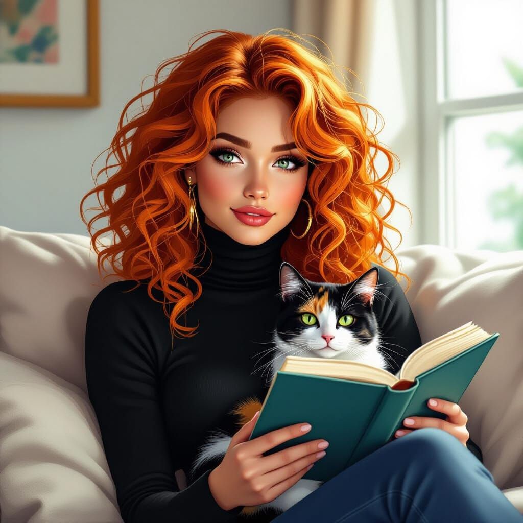Woman Reading with Cat, Vibrant Orange Hair, Dynamic Lightin...