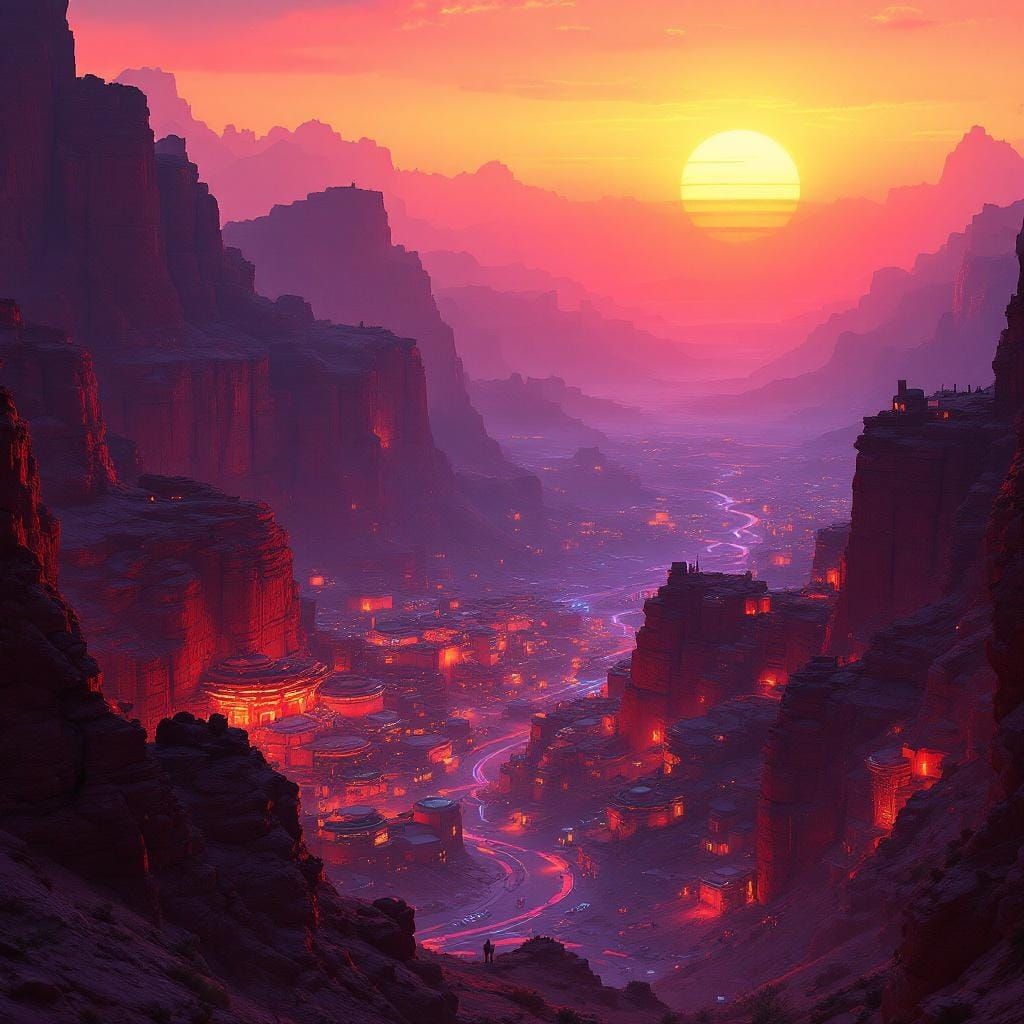 Futuristic Desert City Carved in Red Cliffs with Neon Glow
