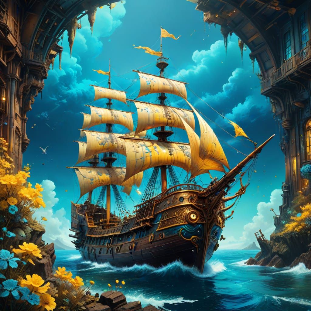 Ship in bright blue yellow", highly detailed mixed textured