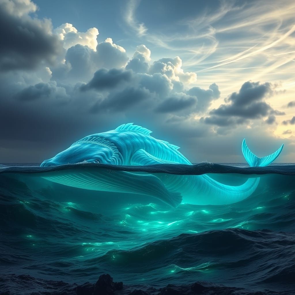 Ethereal Leviathan Emerges from Bioluminescent Ocean