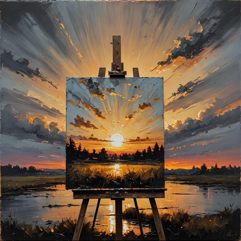 Sunset Painting with Golden Highlights in Grunge Style