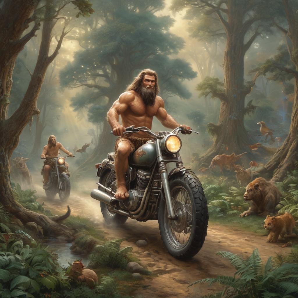 Caveman on Motorcycle in Prehistoric Fantasy