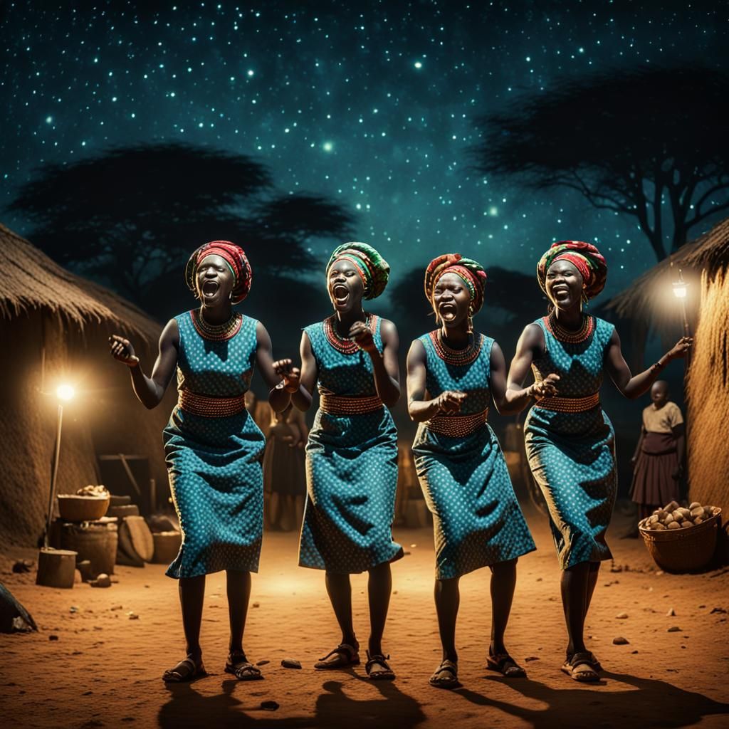 African Women Dancing and Singing in Village