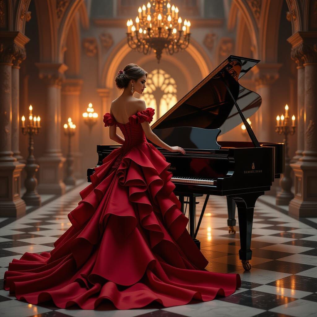 Woman in Red Gown in Gothic Castle, Digital Art