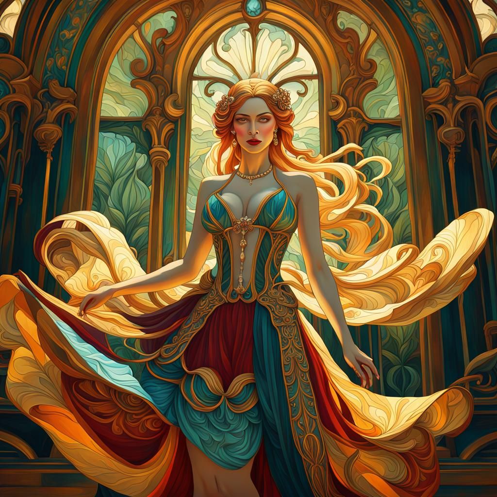 Surreal Art Nouveau Goddess in Vibrant Rococo Bikini