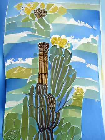 Saguaro Cactus in Arizona: Gouache Watercolor Woodcut