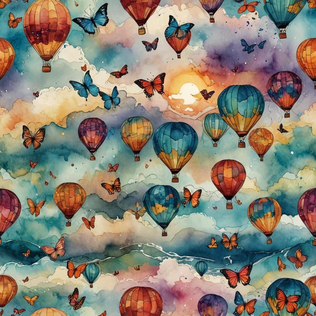 Hot Air Balloons and Butterflies at Sunset in Alcohol Ink