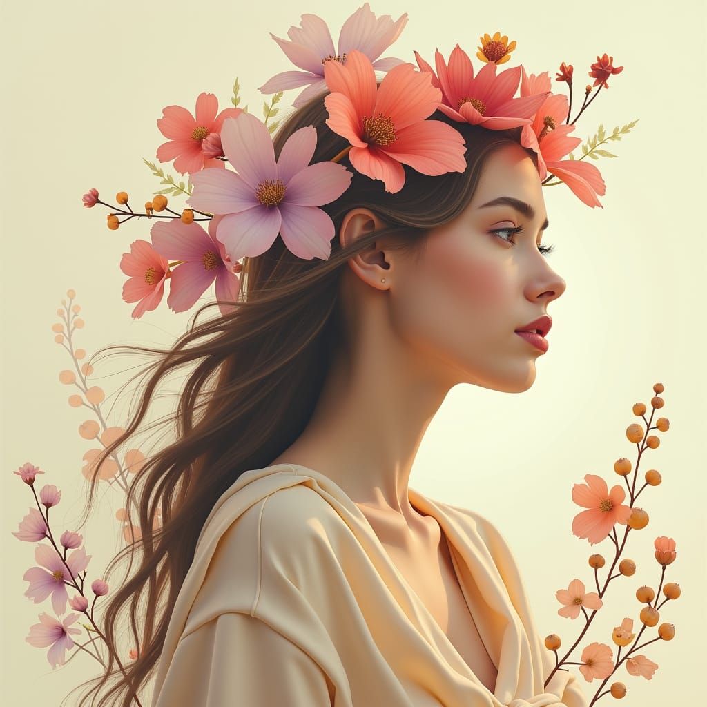 Serene Woman with Floral Crown Double Exposure