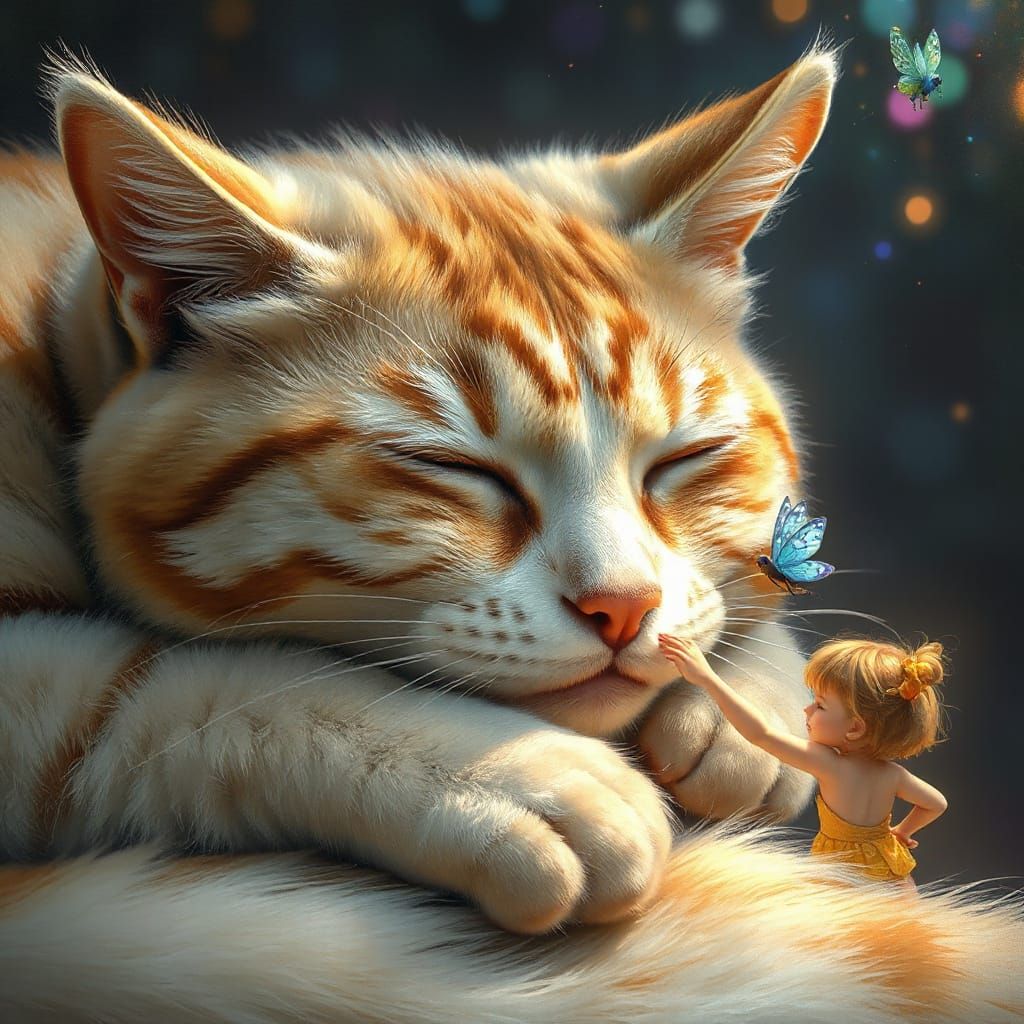 Giant Cat's Cozy Nap, Fairies Brushing Fur