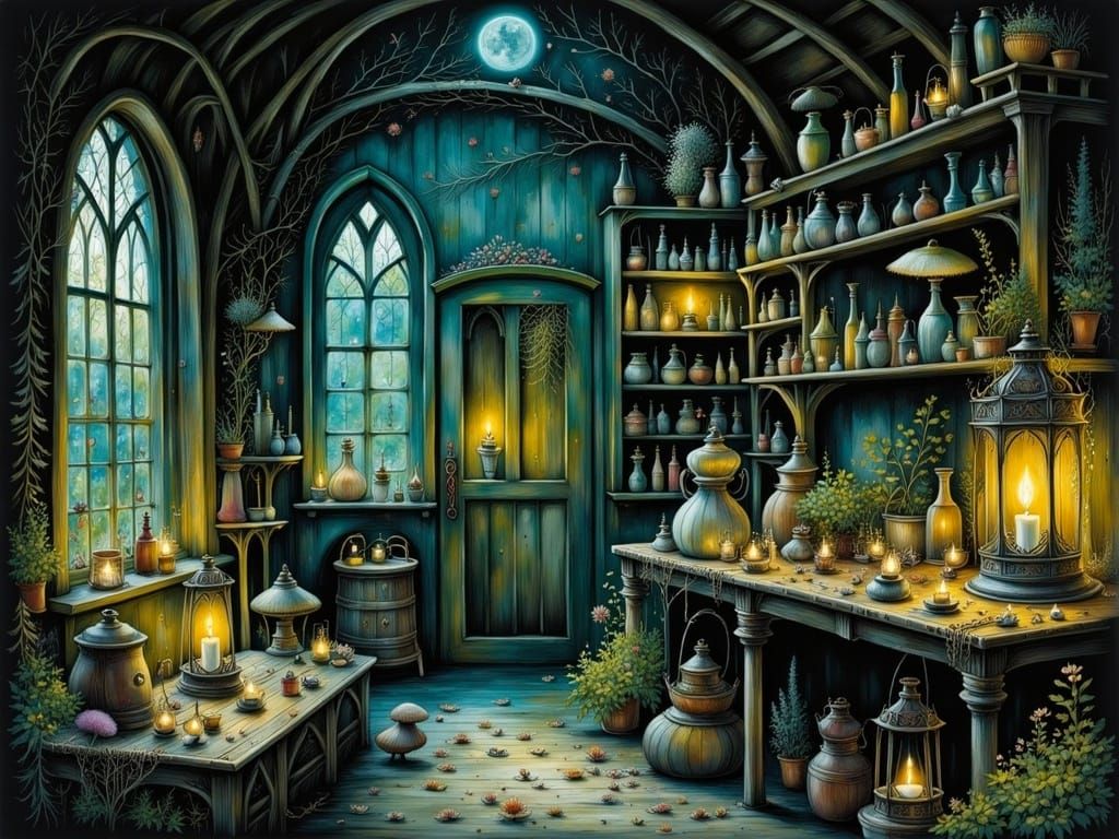Mystical Herb Woman's Chamber in Fantasy Art Style