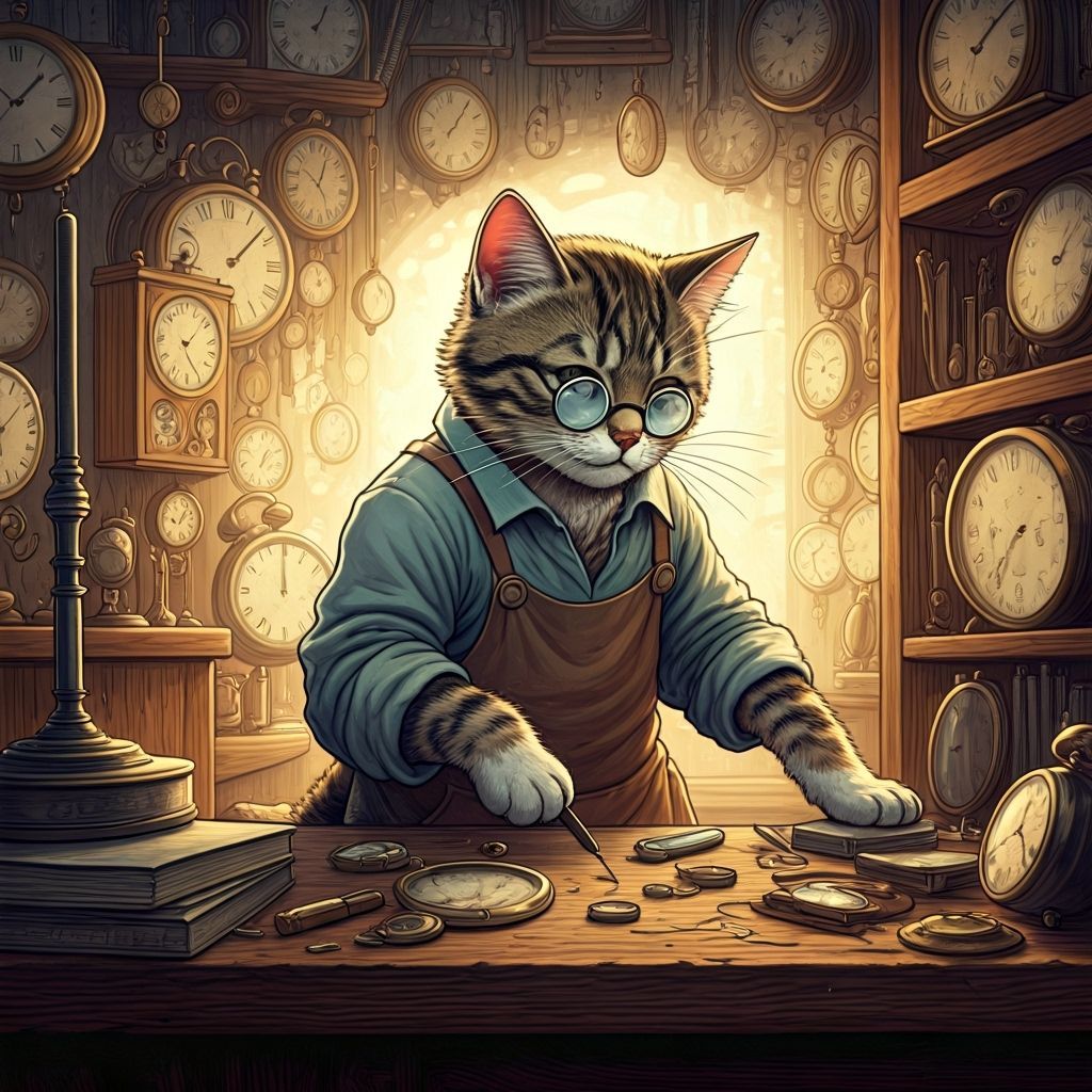 Tabby Kitten Clockmaker in Workshop, Tenniel Illustration St...