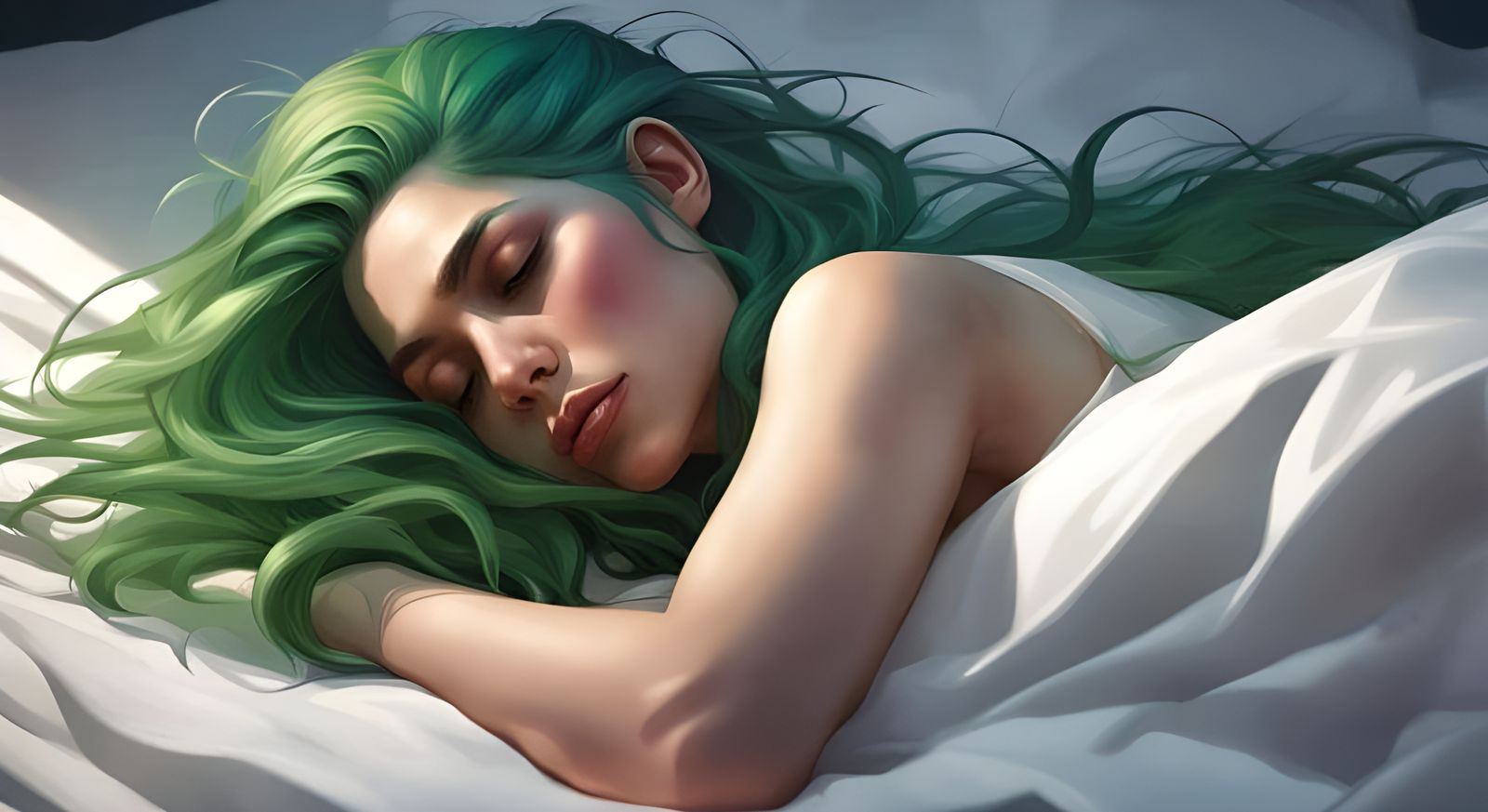 Green-Haired Girl Sleeping: Hyperdetailed Portrait