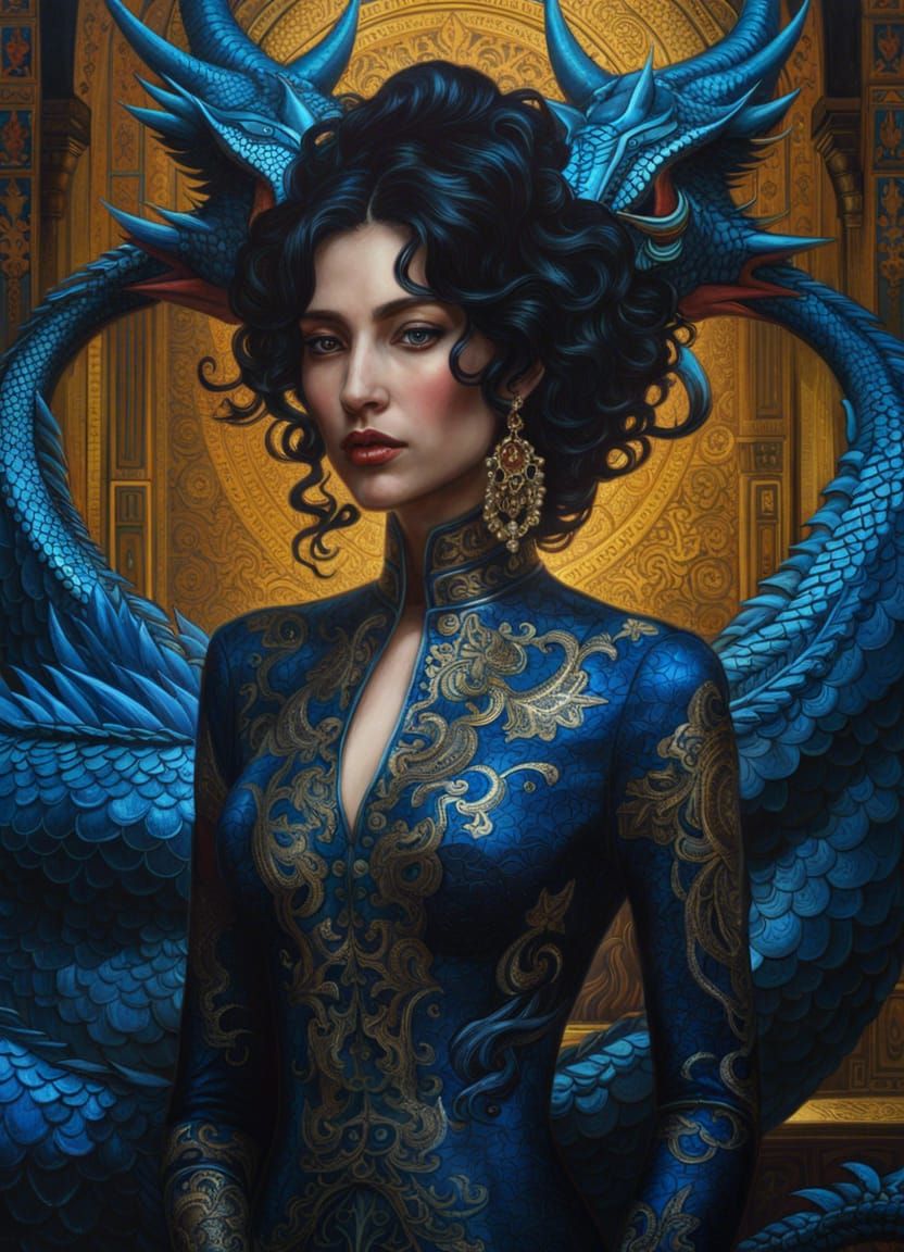 Fierce Blue Dragon Woman in Elaborate Fantasy Art