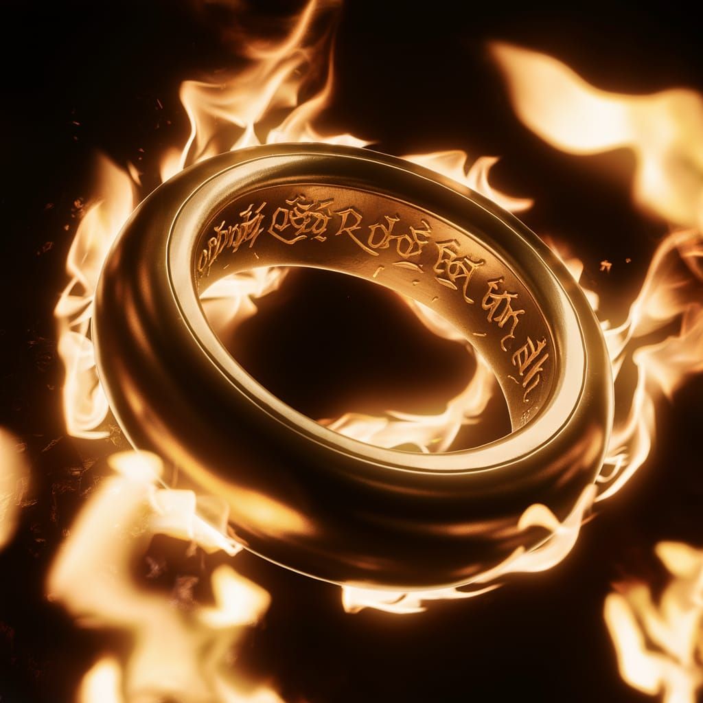 Golden Ring in Flames with Elvish Script