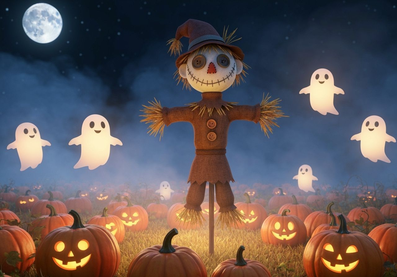Haunted Scarecrow in Glowing Pumpkin Patch
