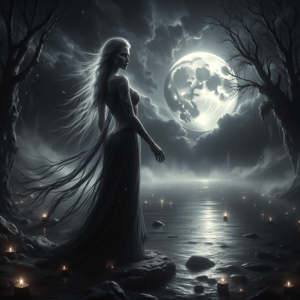 River Witch Performing Twilight Ritual Under Moonlit Sky