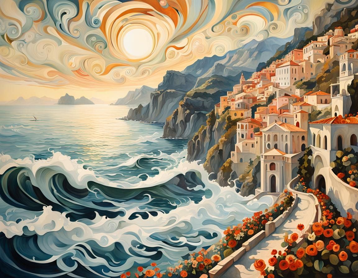 Amalfi Coast Painting in Surreal 3D Style