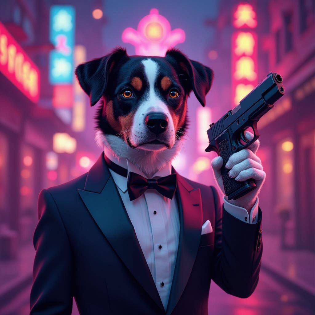 Dog in Tuxedo with Glock, Matte Painting Style