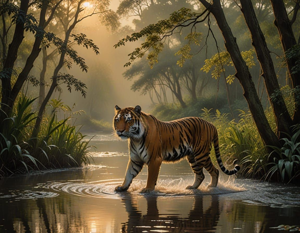 Tiger Wades Through Misty River at Dawn in Soft Golden Light