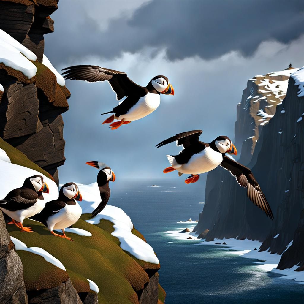 Puffins Flying to Nests in Vettriano Style