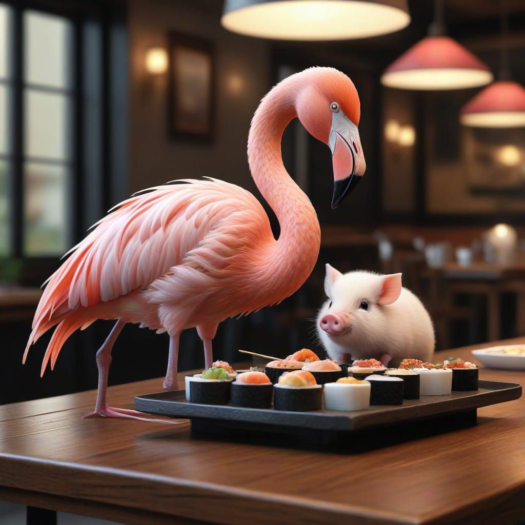 Vibrant Flamingo and Pig Dine in a Whimsical Restaurant Scen...