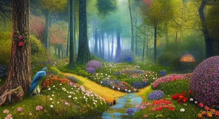 Sunset Woman in Magical Forest, Art Nouveau Style