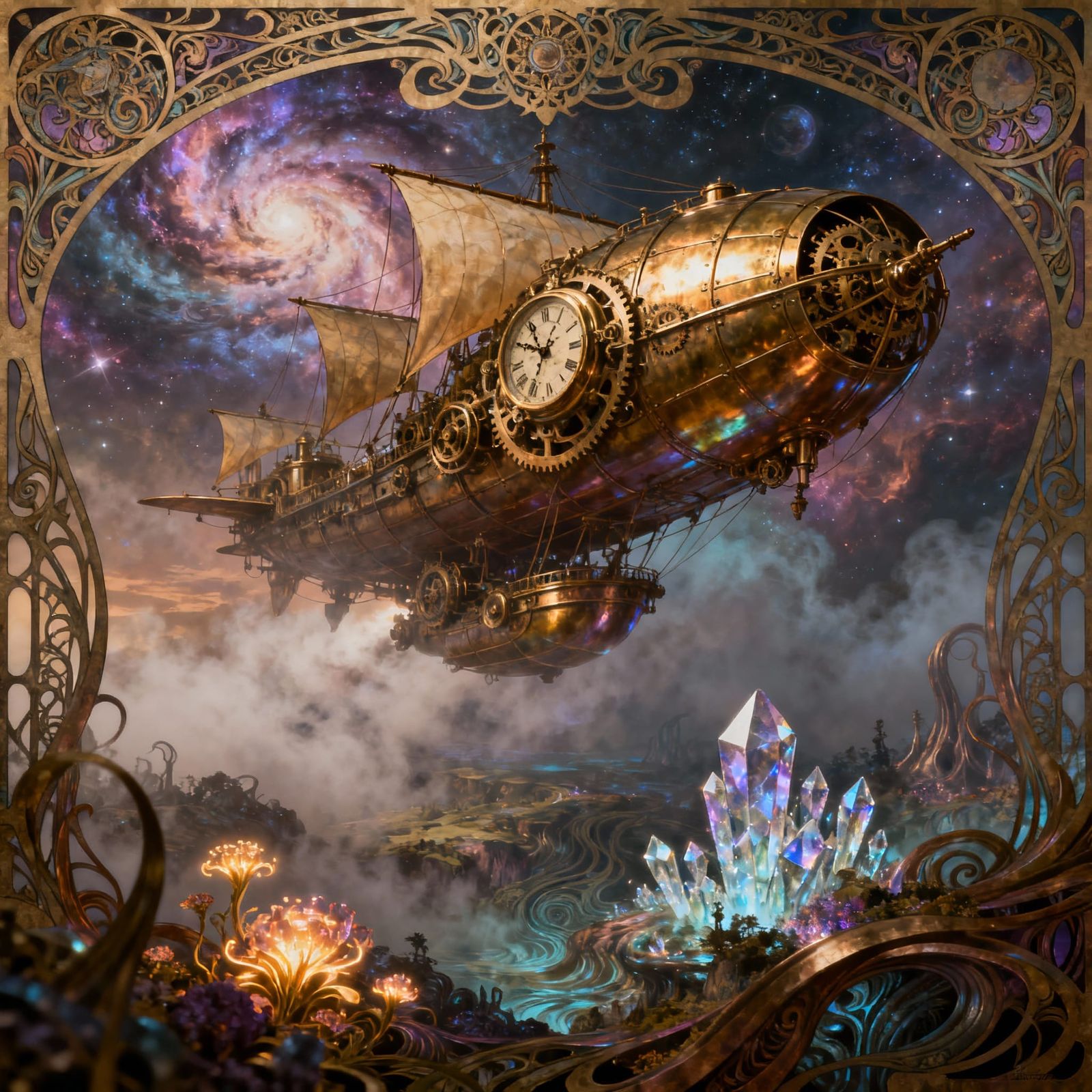 Steampunk Airship in Art Nouveau Sky