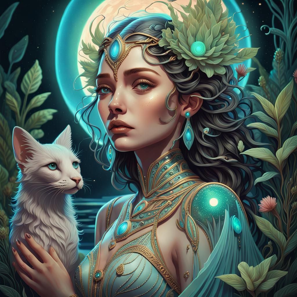 Art Deco Moon Goddess with Bioluminescent Details