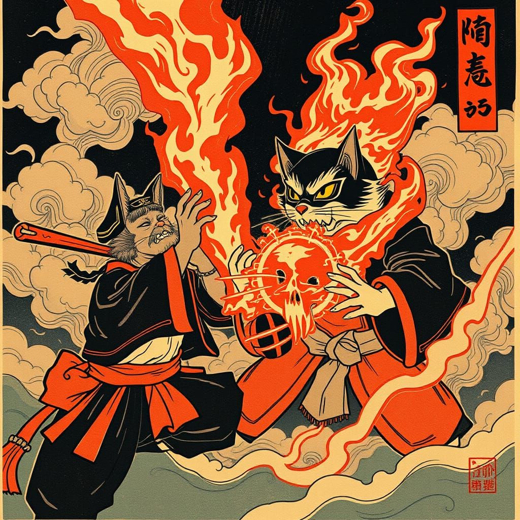 Ukiyo-e Cat Ninja Summons Flaming Skull Spirit