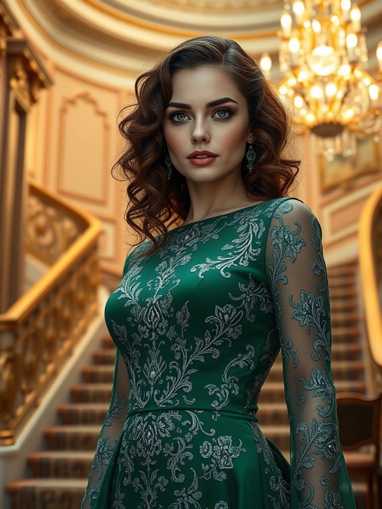 Elegant Woman in Emerald Evening Gown