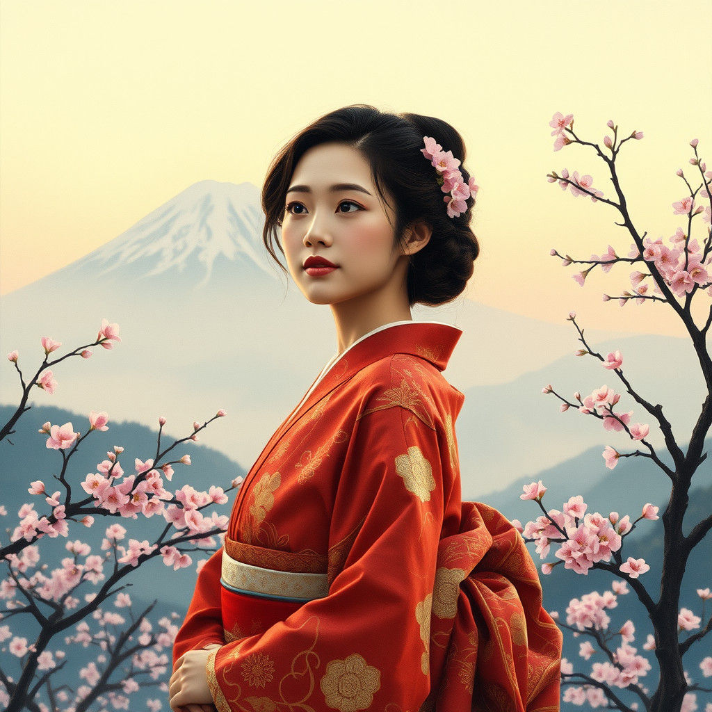 Mount Fuji Cherry Blossoms with Kimono Lady in Gouache