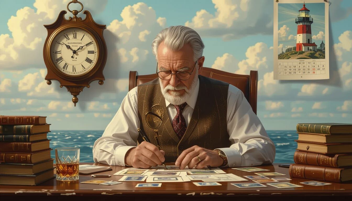 Stamp Collector's Desk with Whisky in Matte Painting Style