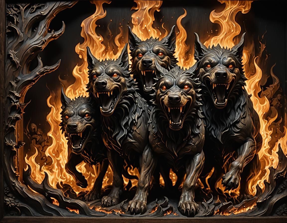 Hellhounds Unleashed: Wood Relief in Blender 3D Style