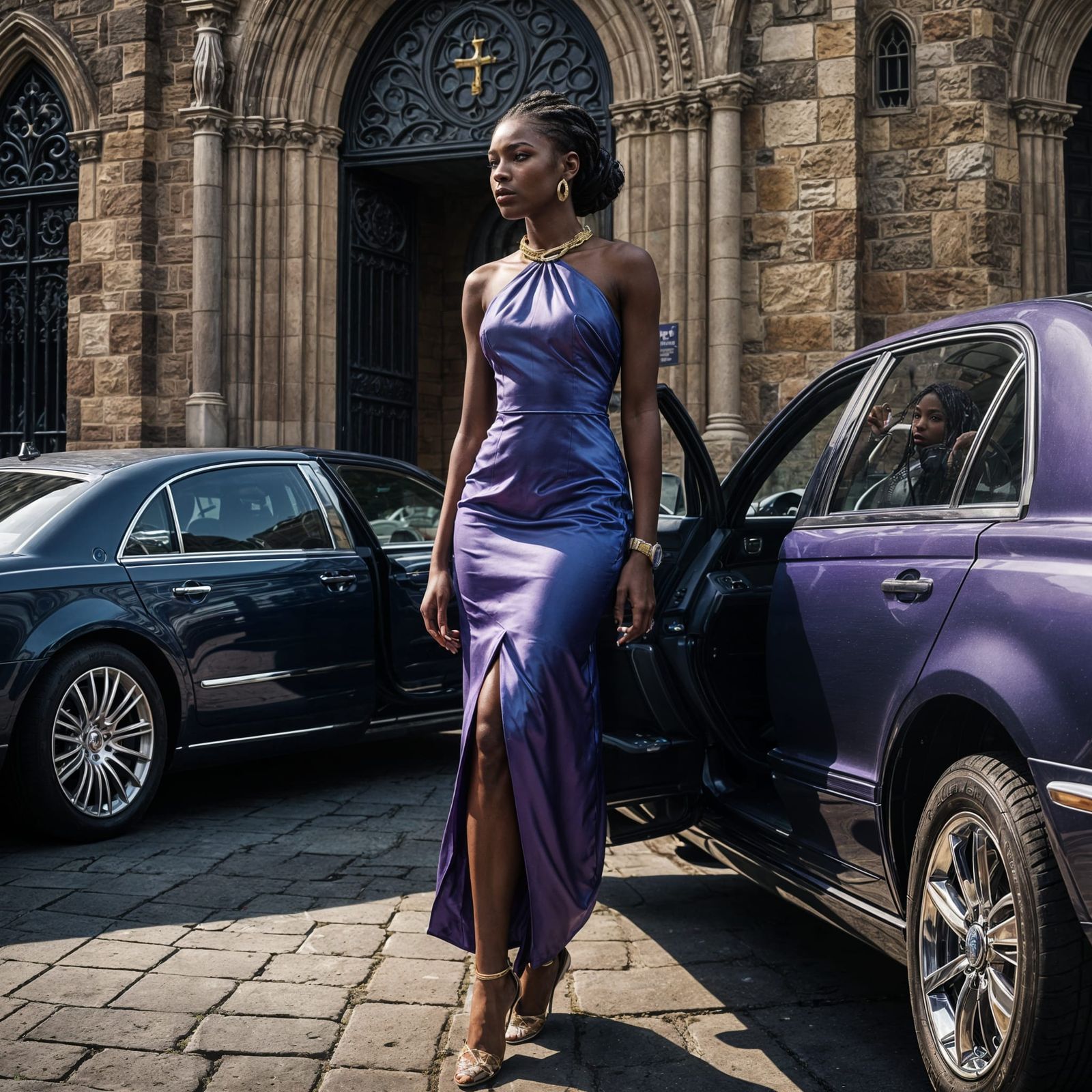 Elegant Woman Awaits Limousine Arrival at Church